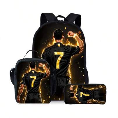 Football Star Pattern Printed Backpack Three Pieces Set (Single-Layer Backpack + Shoulder Strap Lunch Bag + Single-Layer Pencil Bag) Football Bag
