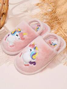 1 Pair Fashionable Cute Cartoon Unicorn Embroidered Warm Slippers, Suitable For Children - Pink - View 6