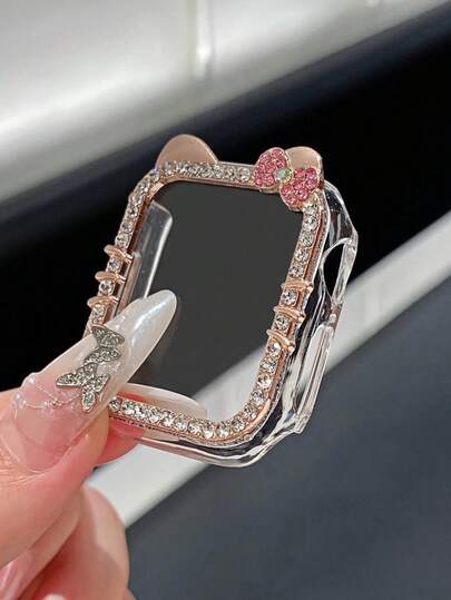 1 件卡通图案闪亮可爱猫耳表壳水晶水钻保险杠整体硬质 PC 超保护套，适用于带钢化玻璃屏幕保护膜的 表壳，兼容 40/41/42/44/45/46 毫米，兼容 系列 SE/11/10/9/8/7/6/5/4，玫瑰金