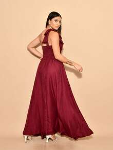 Helena Long Dress Luxury Plain Duna Linen With Bow One Shoulder - Gỗ đỏ - Xem 4