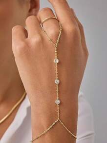 TUANZISP 1pc Adjustable Copper Plated Finger Chain Bracelet, Decorated With Faux Pearl And Cubic Zirconia, Elegant Style Suitable For Daily Wear, Fashionable And Luxury Women Jewelry Gift For Birthday, Valentine's Day