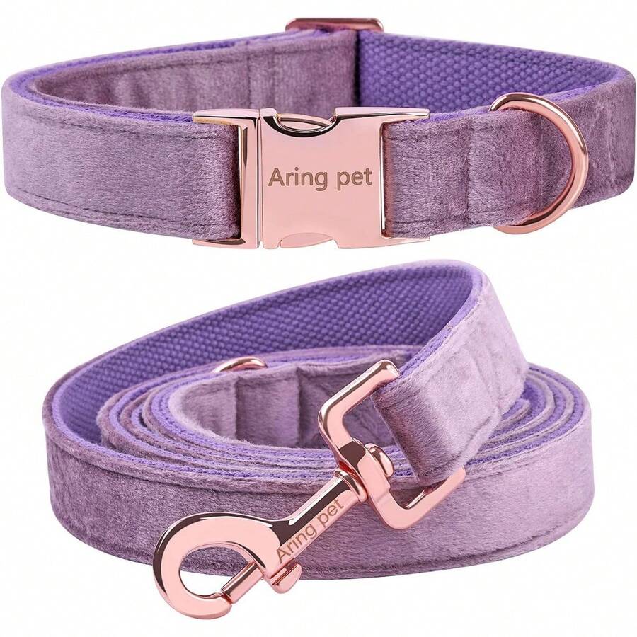 Local Delivery-ARING PET Velvet Dog Collar And Leash Set, Soft Purple Dog Collar And Leash, Adjustable Collars For Dogs - 淺紫色 - 查看 1