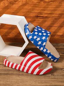 男士透气舒适轻便红蓝条纹美国国旗图案圆头低帮一脚蹬平底凉鞋，适合室内/室外、通勤、休闲、海滩、泳池、浴室、所有季节，一体式 EVA 人字拖