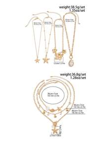 4 件女士复古创意优雅时尚金属花朵装饰巴洛克仿珍珠项链套装，海洋风格海星吊坠多层项链套装 - 金黃色 - 查看 11