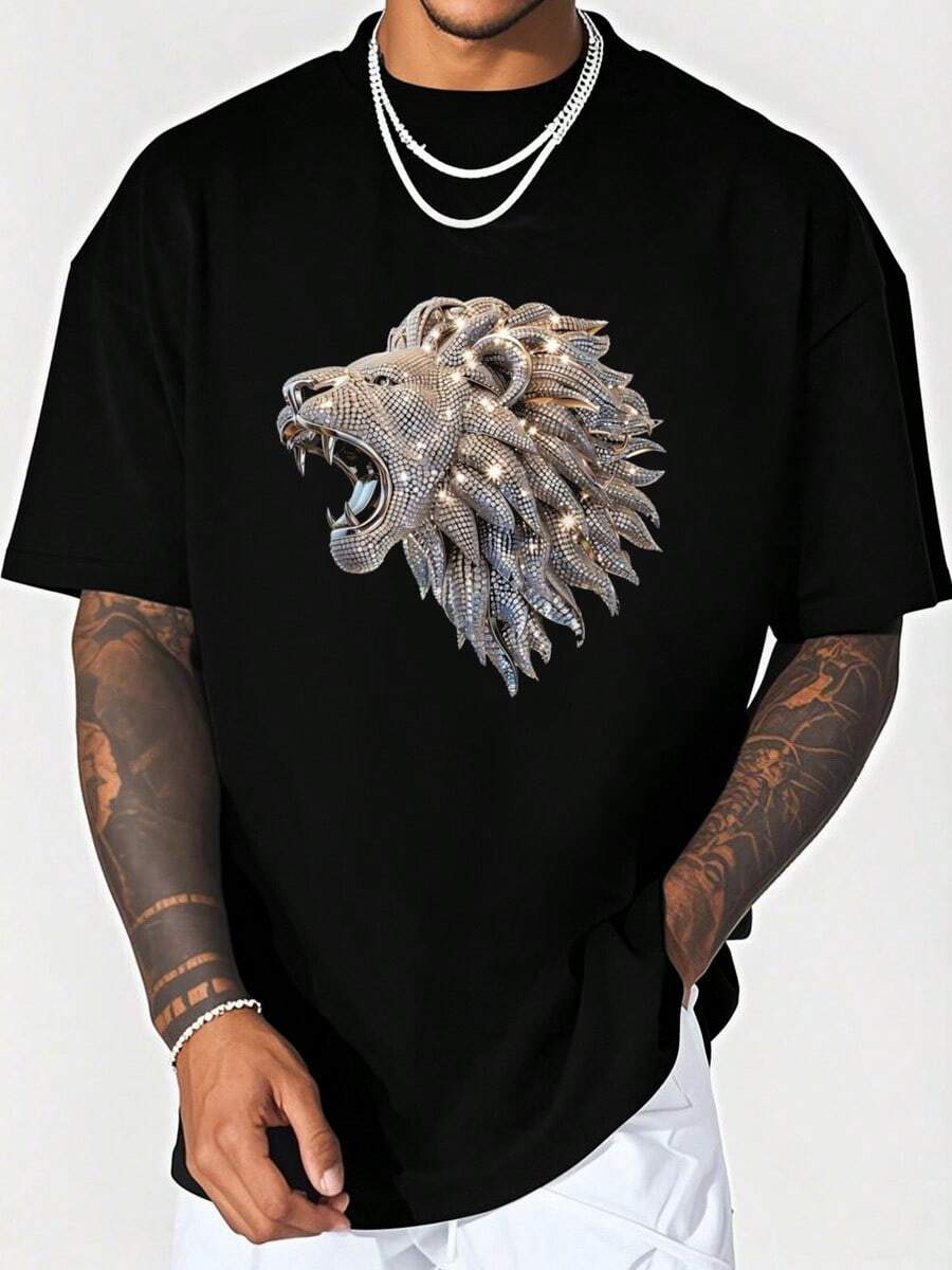 [3D Lion Abstract Art Diamonds Roaring King Of Jungle-Shirt]  Men's-Shirt Graphic Tees  Crop Tops  Outfits   Tops-Shirt - 黑色 - 查看 1