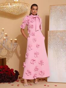 Modphy Nuevo vestido maxi de alta gama con decoración floral 3D, lazo, cuello alto y manga corta, para invitadas de boda, damas de honor, fiestas y eventos formales de noche para mujeres - Rosa - Ver 2