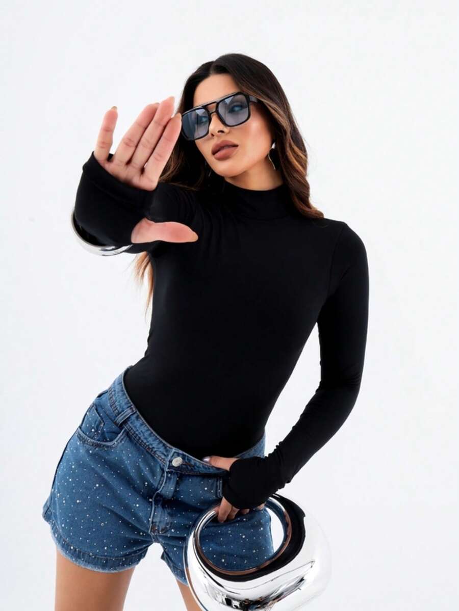 Turtleneck Long Sleeve - 黑色 - 查看 1