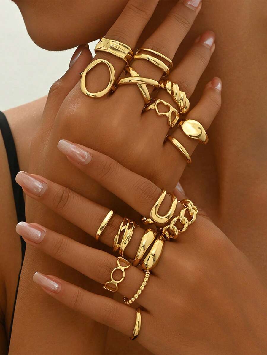 Juego de 16 piezas de anillos punk para mujer, set de anillos geométricos vintage, regalos de joyas de moda personalizados que combinan con atuendos diarios y accesorios para fiestas