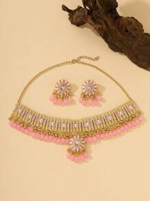 Set de 3 piezas de joyería estilo bohemio con Brillo y Gracia: Collar, pendientes de flor con strass y colgante con cuentas y borlas, y gargantilla; adecuado para bodas, banquetes, fiestas, uso diario y como regalo de joyería de vacaciones para chicas