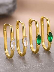 1 paire de boucles d'oreilles créoles carrées en zircone verte ovale pour femmes, plaquées or. Nouveauté 2025 dans la bijouterie d'oreille de luxe, idéal pour les fêtes et les cadeaux - Or jaune - Voir 4