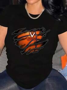 Oversized Women's Casual T-Shirt With Virginia Cavaliers Basketball Ripped Effect Print, Perfect For Sports Fans & Everyday Wear, Fast Arrival - 黑色 - 查看 1