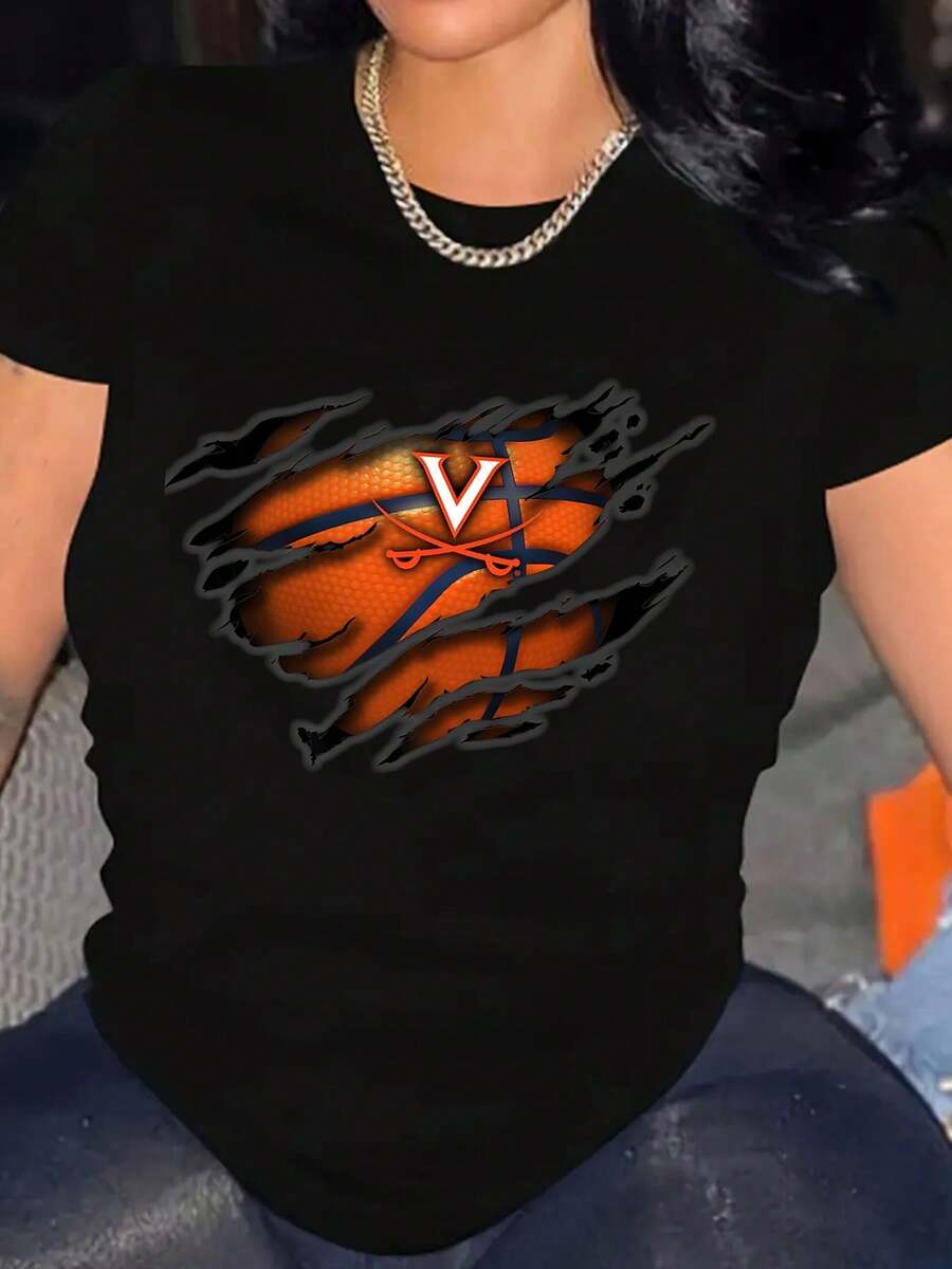 Oversized Women's Casual T-Shirt With Virginia Cavaliers Basketball Ripped Effect Print, Perfect For Sports Fans & Everyday Wear, Fast Arrival - 黑色 - 查看 1