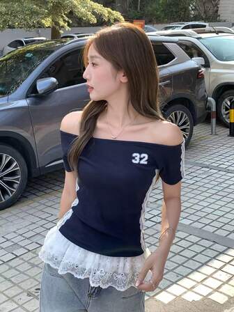 Sweet Girl Shoulder Cut-Out Fitted Lace Splice Ruffled Short Sleeve Blouse, Summer