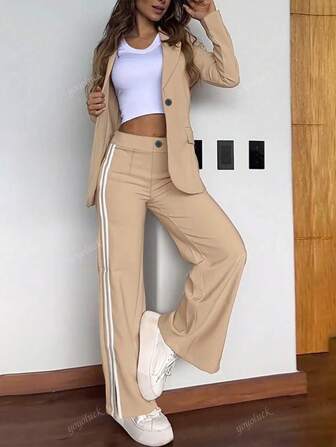 2pcs/Set Stylish & Elegant Contrast Color Block Women Long Sleeve Jacket And Pants Suit