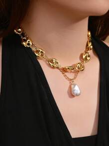 2er Set Halskette mit Edelstahl, goldplattierter Muschel, Niet Herz, Blume, Stern, Kreuz, Kunstperle, handgefertigt, für Damen geeignet für Alltag, Strand, Party, Urlaub, als Geschenk für Freunde