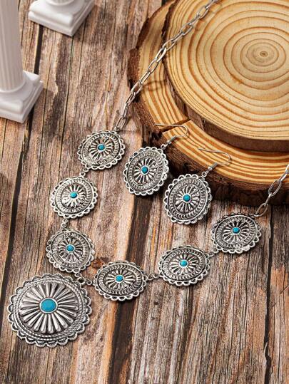 Set de 3 piezas de collar y pendientes vintage con conchas de plata envejecida al estilo western para mujer