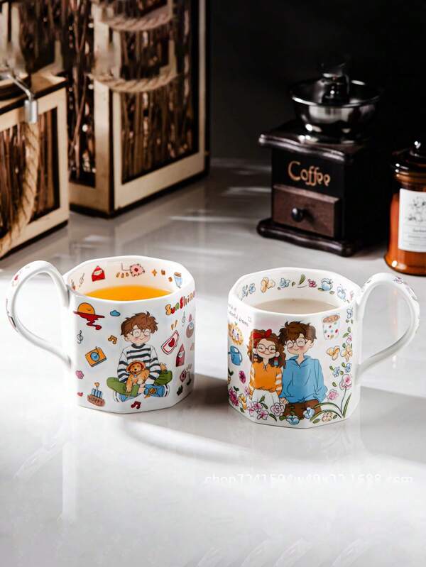 1pc Hand-Painted Cartoon Ceramic Mug, Japanese Cute Ins-Style DIY Coffee Cup, Niche Designed Home Breakfast Oatmeal Cup, Creative Commercial Dessert Coffee Mug, Afternoon Tea Cup, Daily Office Water Cup, Can Be Used As Birthday, Memorial Day, Holiday Gift, Microwave & Dishwasher Safe