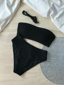 2pcs/Set Solid Black Bandeau Bikini Set With Removable Straps, Smocked Textured Swimsuit, Stretchy Ribbed Bathing Suit For Graduation, Valentine's Day Date & Summer Beach Party - màu đen - Xem 2