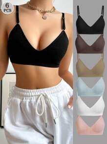 6pcs Multicolor Women's Bras With Hook Closure & Wire-Free Comfortable Unlined Seamless Bras With Adjustable Straps