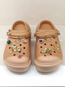 Revreal Black Platform Clogs with Colorful Rhinestone Charms and Chain可愛波西米亞Preppy學院度假時尚Casual休閒Outdoor戶外 - 卡其色 - 查看 4