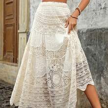 Women's Summer A-Line Skirt Long Crochet High Waist Skirt Maxi Stretchy Boho Hollow Out Flowy Lace Skirts For Travel, Beach, Shopping - 米色 - 查看 2