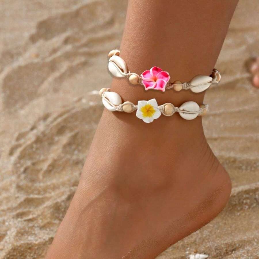 Summer Beach Style Soft Clay Flowers Woven Anklet