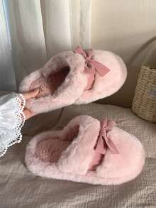 XIXITIAO Najlepiej sprzedające się damskie kapcie wsuwane z kokardką, miękka, gruba podeszwa, puszyste, w stylu słodkiej dziewczyny, odpowiednie do domu i biura, różowe, wygodne kapcie, jesień/zima - Różowy - Zobacz 10