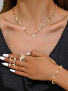 Fashionable, Elegant, Premium Quality Necklace, Earring, Bracelet, Elastic Ring Bridal Jewelry Set, Suitable For Women, Wedding, Birthday, Anniversary Gifts, Evening Dress Accessories - 4 Piece Jewelry Set - View 4