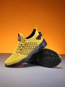 Men's Breathable Lace-Up Athletic Shoes With Mesh Upper, Spring/Autumn - Yellow - View 5
