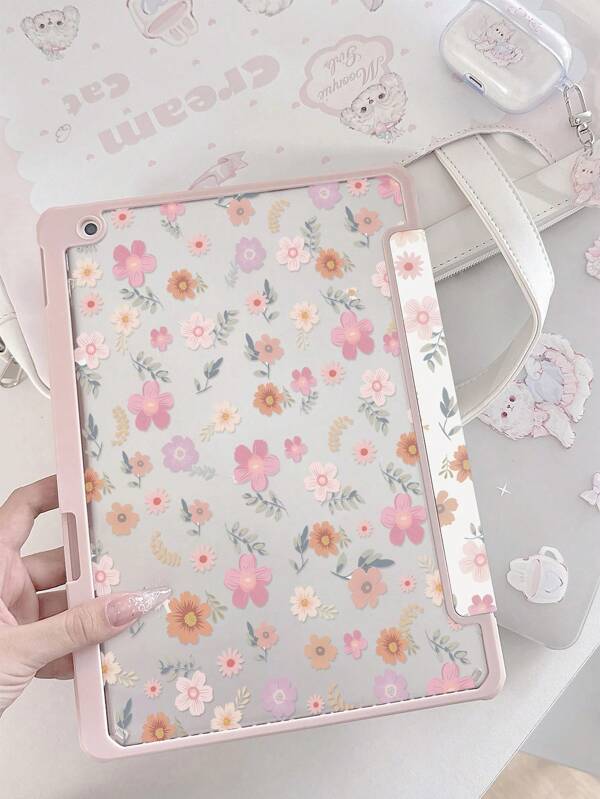 Bela capa de proteção para iPad 7ª, 8ª e 10ª geração (10,2 polegadas) de flores rosa pequenas, pintura floral colorida frente e verso, acrílico transparente, cristal, à prova de choques, com compartimento para caneta, suporte para função de sono e despertar, presente de feriado e ano novo.