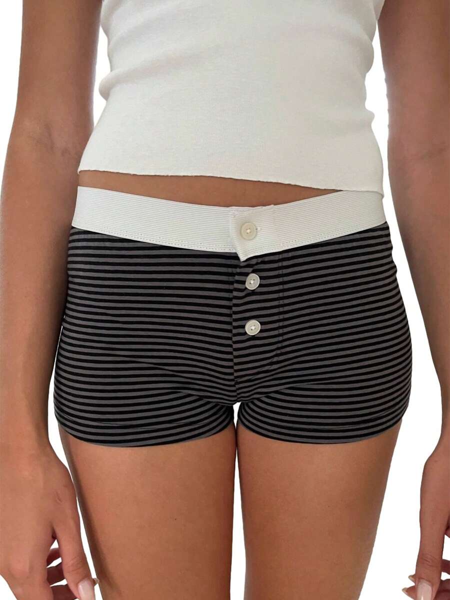 Women Lounge Shorts Low Waist Button Closure Printed Slim Pajama Shorts Sleepwear - 深灰色 - 查看 1