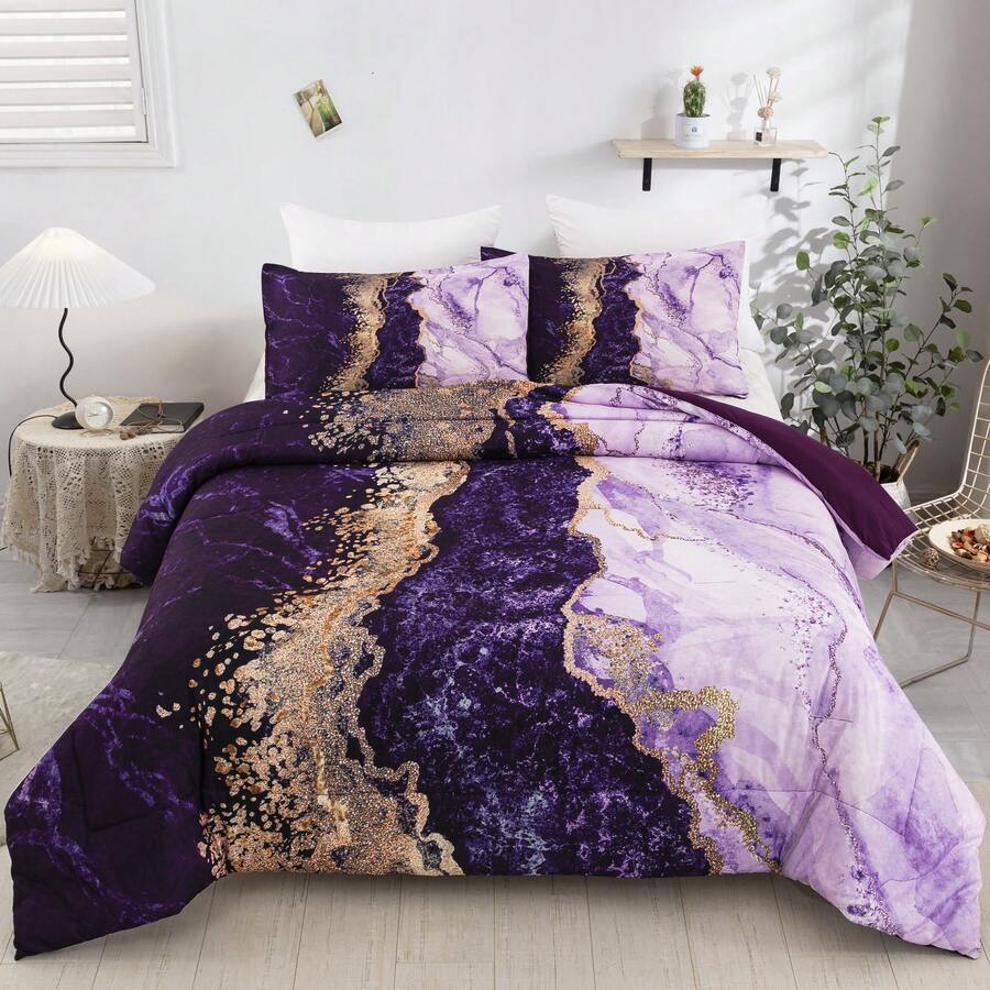 3Pcs Purple Landscape Style Comforter Set Double Queen King Size,Bed In A Bag Green Bedding Sets Botanical Microfiber Comforter Soft Lightweight Bed Set With Pillowcases,,Wedding Items,Valentines Day Home Bed Room Decor,Easter Ramadan Gifts,All Season - Purple01 - 查看 1