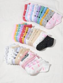 20 Pairs Kids Socks: Candy Color, Lace Bow, Heart Pattern, Striped, Soft & Comfortable, Casual & Versatile, Student Socks, Random Color - Multicolor - View 3