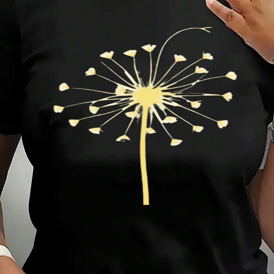 Camiseta de cuello redondo de talla grande con gráfico de diente de león, camiseta casual de manga corta para verano, top de moda casual para mujeres, ropa de mujer para el Día de la Madre M - Negro - Ver 1