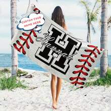 1 Toalla de playa personalizada con tema de béisbol - Nombre personalizado y diseño de equipo, de poliéster de alta calidad, toalla rectangular grande con pespunte y silueta de jugador, ideal para piscina, camping, viajes y yoga, toalla de playa personalizada - Multicolor - Ver 3