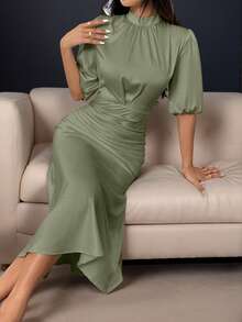 Women's Spring Summer Temperament Solid Color Short Sleeved Wrap Buttocks Fish Tail Dress - 綠色 - 查看 3