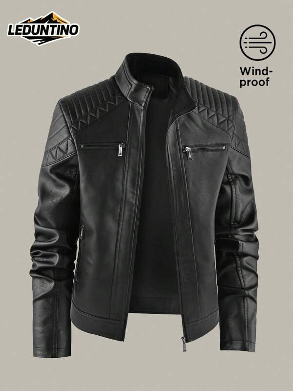 LEDUNTINO Męska, modna, zapinana na zamek, swobodna, outdoorowa, skórzana kurtka motocyklowa, sportowa, jednolita, bomberka, męska, wiosenno-jesienna, ze stójką, motocyklowa, skórzana kurtka wiatrówka, modna i uniwersalna, idealna na zewnątrz i do pracy, idealny prezent dla chłopaka lub męża, polar