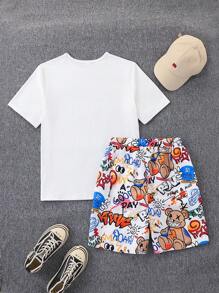 Set de 2 piezas de camiseta de manga corta con cuello redondo y estampado gráfico de oso y pantalones cortos con estampado total, informal y deportivo para adolescentes, versátil para el verano