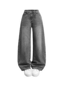 Pantalones anchos de pierna ancha con estampado de mariposa de denim para niña adolescente - Gris Oscuro - Ver 3