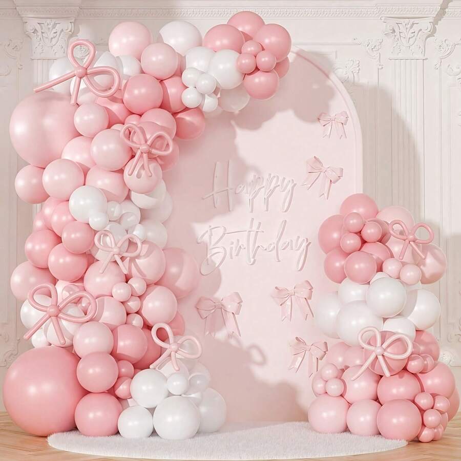 94Pcs Pink & White Bow Balloon Arch Kit, Including Pink & White Bow Balloons, Ideal For Baby Shower, Gender Reveal, Baby Shower, Pink Bow Birthday Party Decorations - Pink - View 1