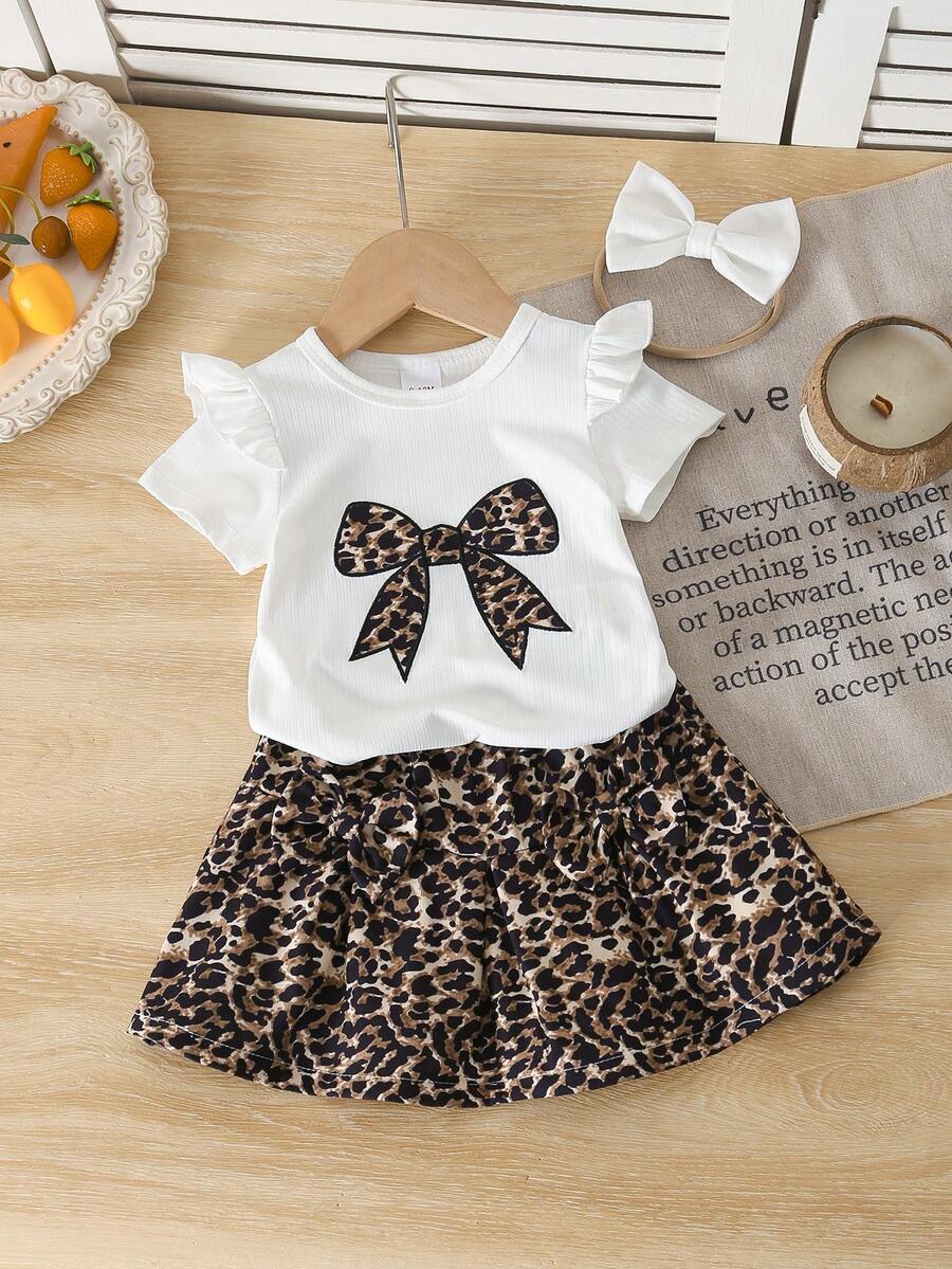 3pcs Set Baby Girls Casual Leopard Print Bow Short Sleeve Bodysuit + Leopard Bow Skirt + White Headband, Spring/Summer - Multicolor - View 1