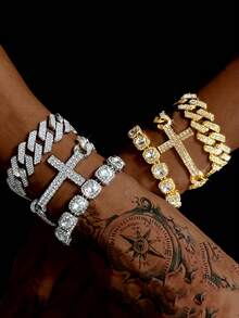3 buc/set brățară cu pandantiv cruce Ice Out rotundă cu lanț Tenniers și brățară cubaneză Miami Set pentru tânăr bărbat și femeie cubaneză lanț cruce punk set de brățări cu pandantiv Unisex cadou pentru bărbați și femei potrivit pentru zi cu zi și petrecere - A - Vizualizare 4