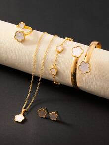 4pcs/Set Lucky Clover & 5-Petal Flower Necklace, Bracelet, Earrings Jewelry Set, Versatile Choker & Chain Earring Valentines,Mom,Mother,Mother's Day,Gift - Baby Pink - View 7