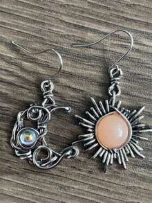波西米亚太阳和月亮耳环 - 女士银色水晶吊坠耳环 - 时尚波西米亚风格珠宝礼物 - 復古銀色 - 查看 3