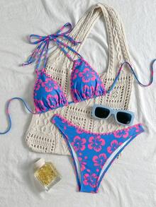 女士新款西式时尚沙滩度假休闲碎花露背比基尼两件套泳衣夏季 - 彩色 - 查看 2