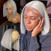 Silver Grey Lace Front Short Bob Wig Grey Straight 13x4 Lace Transparent Front Wigs Human Hair For Black Women - Xám - Xem 5