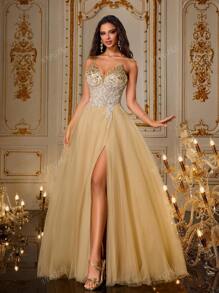 VIPGIRL Vestido de gala de tul con lentejuelas dorado champán, vestido de noche con tirantes finos brillantes, vestido formal con abertura, vestido maxi escote corazón para mujer, vestido de fiesta glamoroso, atuendo para graduación y gala