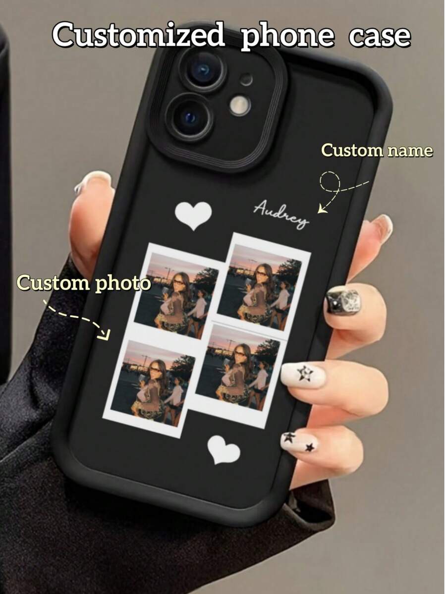 1pc Customized Name Phone Case, DIY Personalized Phone Cover. Customized Photo Design Phone Case. Full Protective Phone Shell, Comfortable Feel, Anti-Fall Shock Absorption. The Best Gift For Friends, Family, Couples, Compatible With Iphone11/12/13/14/15promax, Galaxy A15/A25/A35/A55/S23/24ultra, Redmi, OPPO - Black - View 1