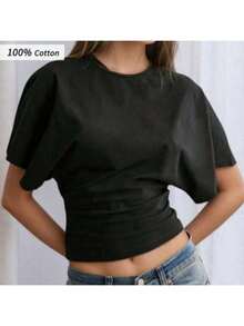 Black Comfortable Cotton Knit Crew Neck Short Sleeve T-Shirt, Regular Hem Cropped Tee For Women, Spring And Summer Casual - Black - View 4