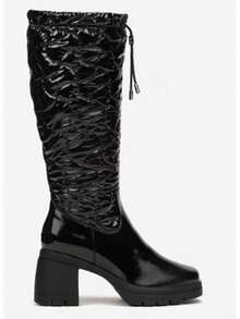 Bottes à talon compensé épais, bout rond, couleur unie avec cordon de serrage, pour un port casual au quotidien - Noir - Voir 4